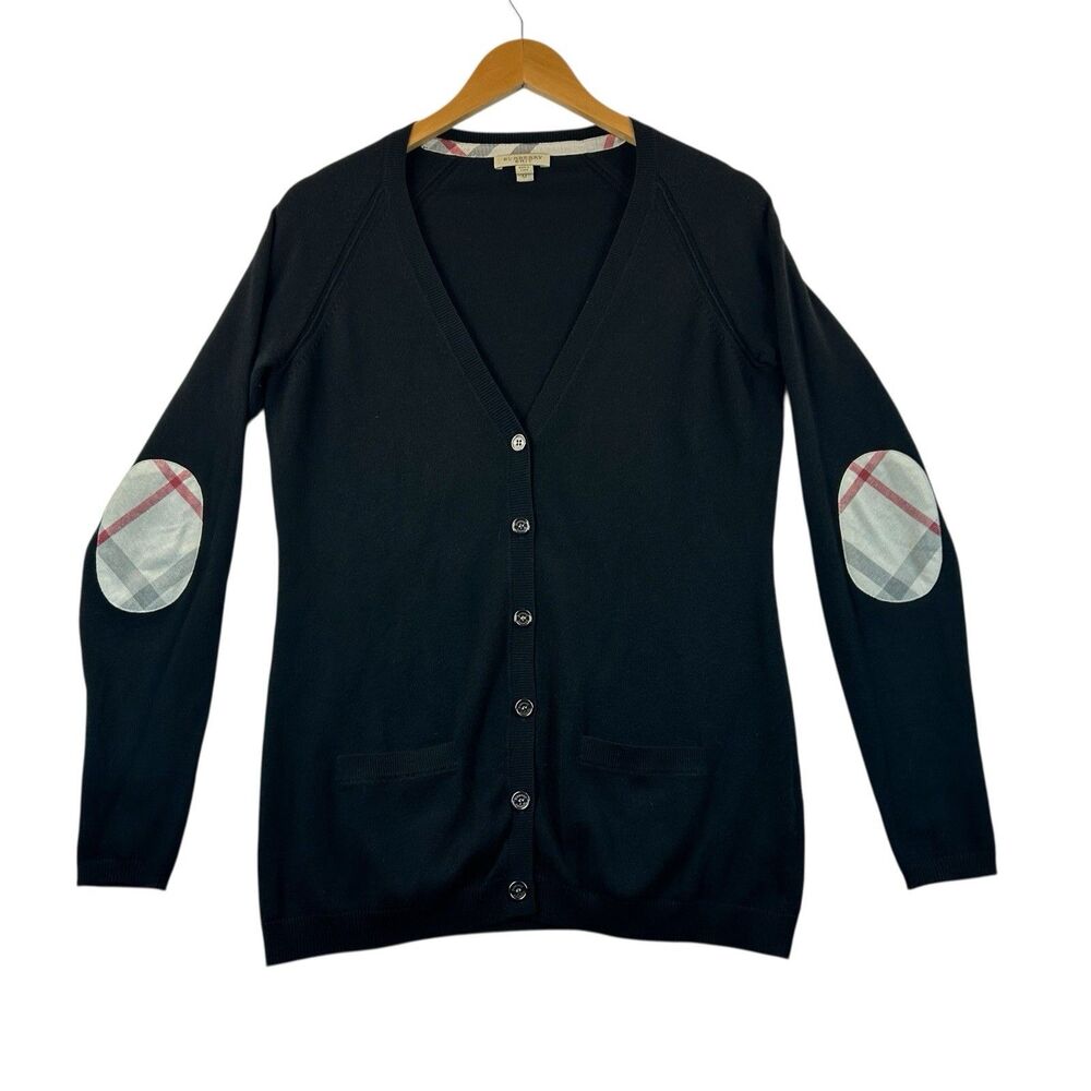 Burberry Brit Elbow Patch Cardigan Sweater Womens M Black Nova Check V Neck